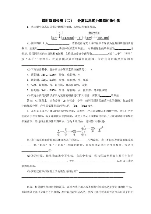 浙江高中生物课时跟踪检测(二)分离以尿素为氮源的微生物(含解析)浙科版选修1