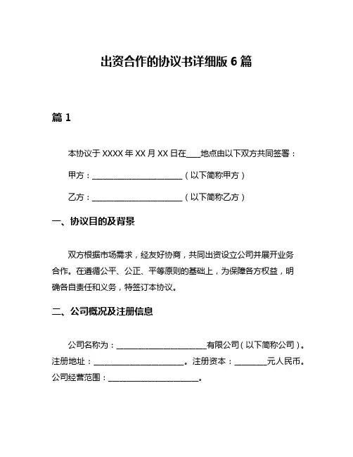 出资合作的协议书详细版6篇