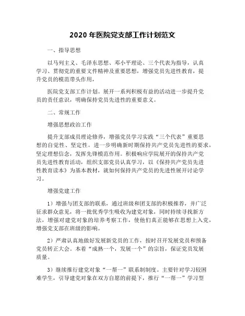 2020年医院党支部工作计划范文