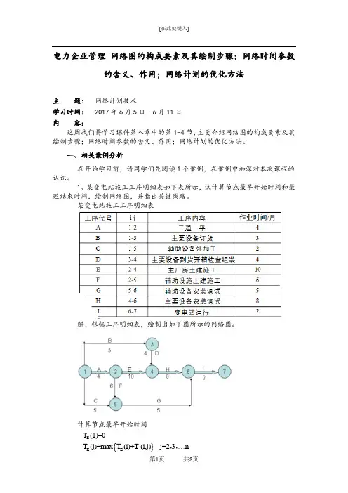 电力企业管理 网络图的构成要素及其绘制步骤;网络时间参数的含义、作用;网络计划的优化方法