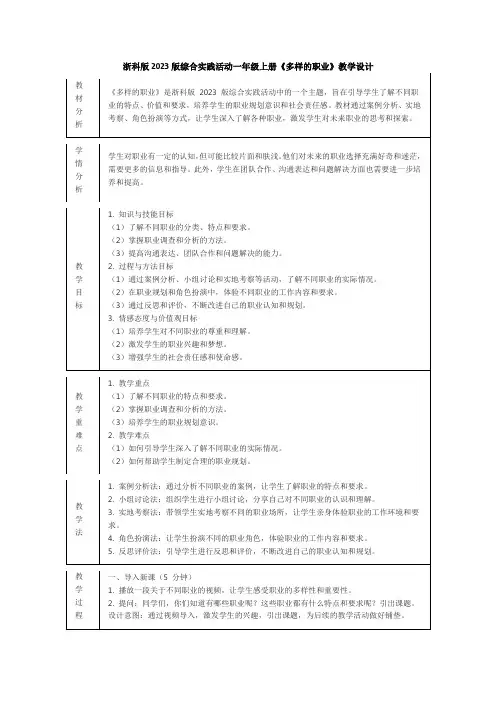 浙科版2023版综合实践活动一年级上册《多样的职业》教学设计