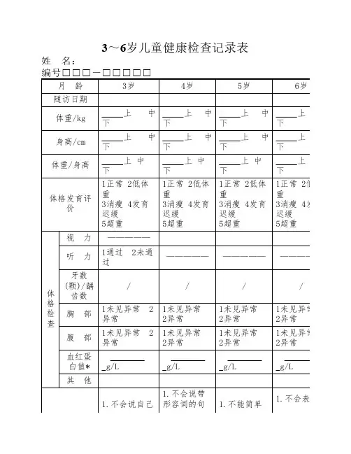 3-6岁儿童健康检查记录表