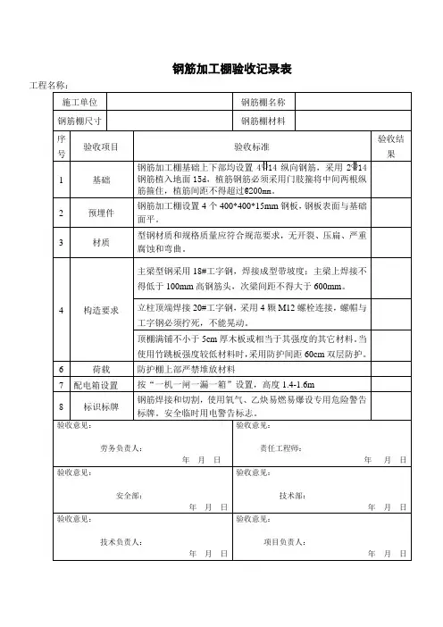 钢筋加工棚验收表
