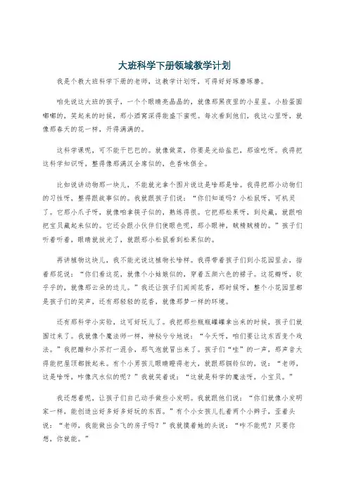 大班科学下册领域教学计划