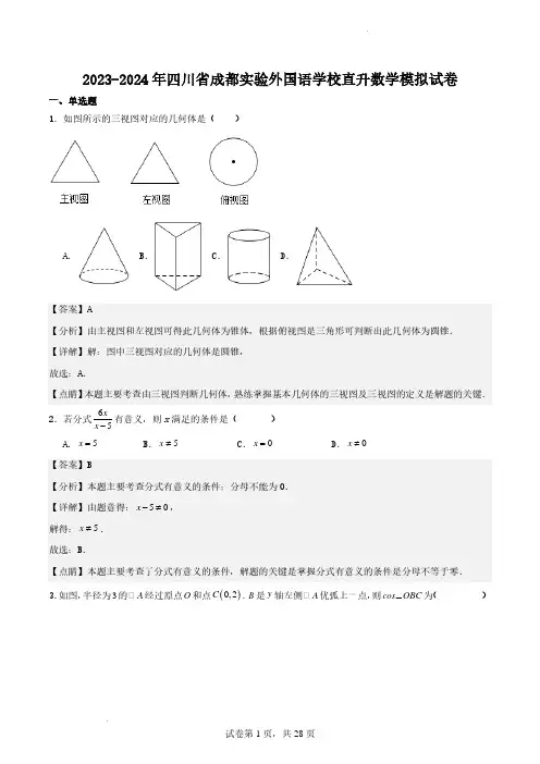 2023-2024年四川省成都实验外国语学校直升数学模拟试卷(解析版)