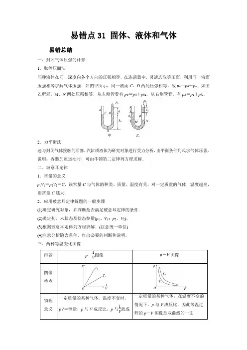 新高考物理考试易错题易错点31固体、液体和气体附答案