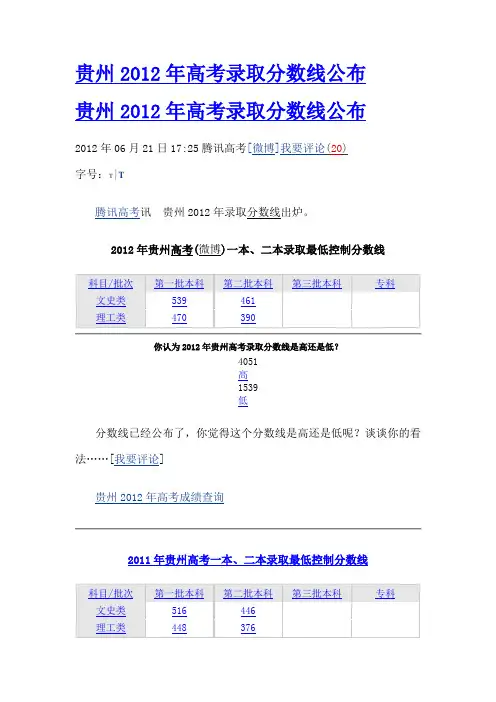 贵州2012年高考录取分数线公布