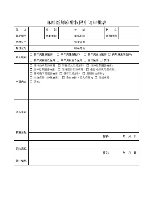 麻醉医师麻醉权限申请审批表