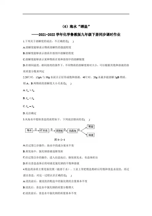 (6)海水“晒盐”—— 化学鲁教版九年级下册同步课时作业(word版 含解析)