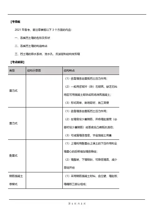 2021年二建《市政实务》考点概括之不同挡土墙的结构形式及特点
