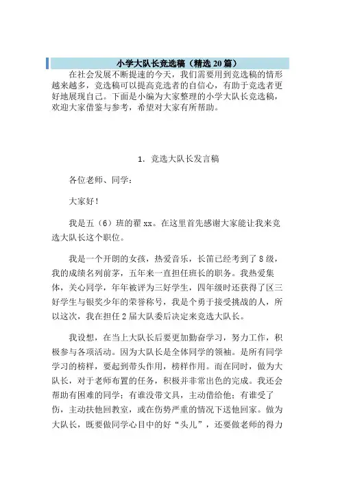 少先队大队长竞选演讲稿20篇