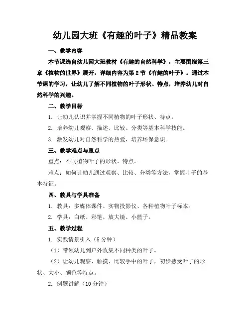 幼儿园大班《有趣的叶子》精品教案