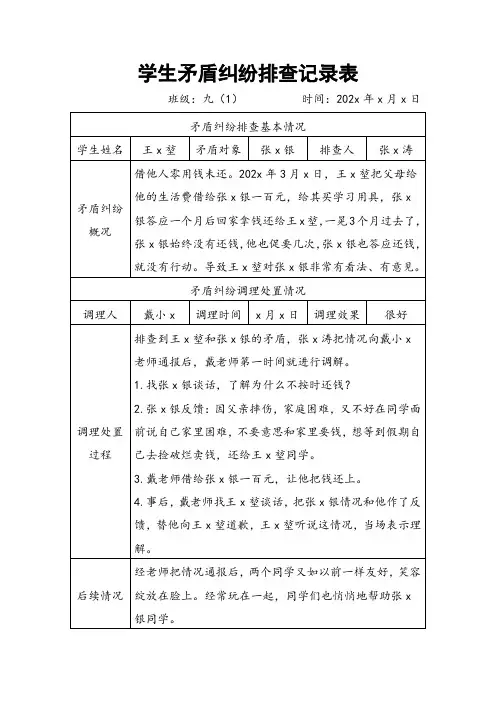 学生矛盾纠纷排查记录表