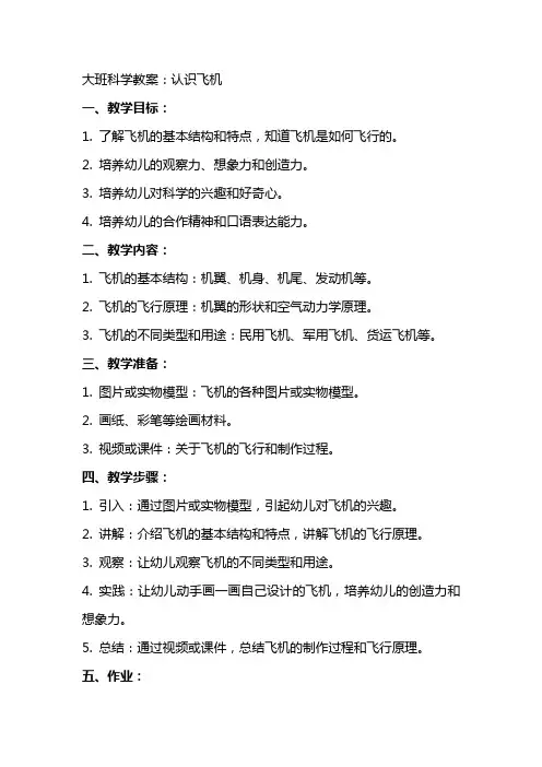 大班科学教案：认识飞机
