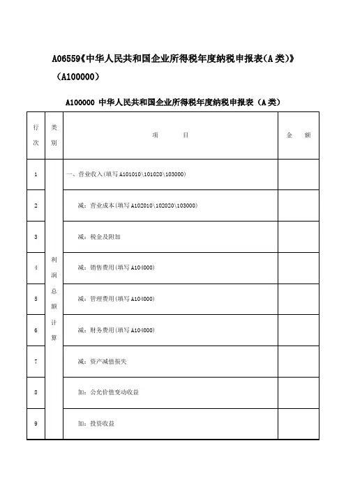 A06559《中华人民共和国企业所得税年度纳税申报表(A类)》(A100000)