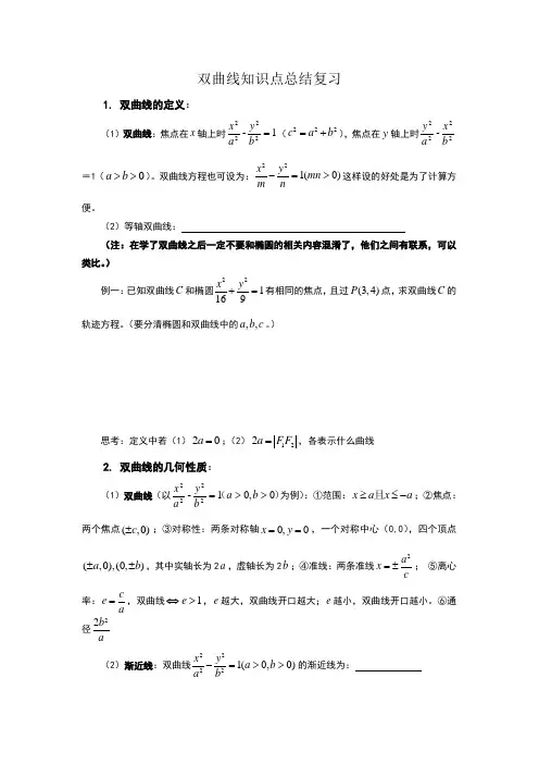双曲线知识点复习总结