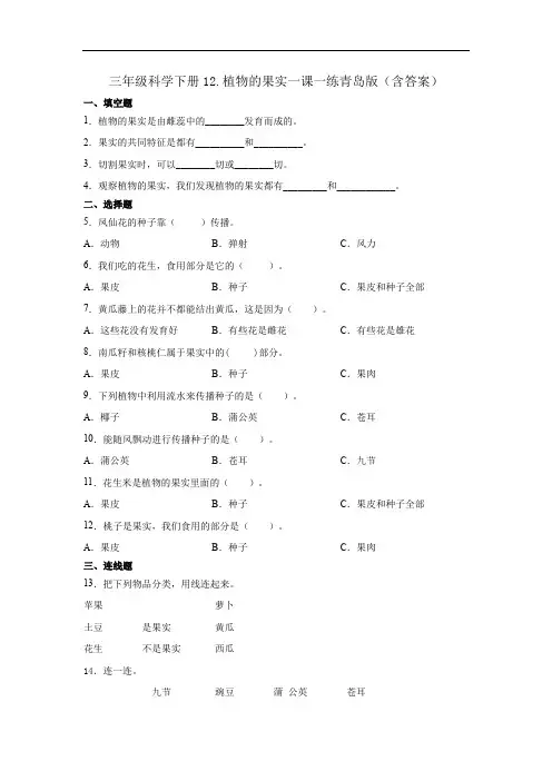青岛版三年级科学下12.植物的果实一课一练习题(含答案)