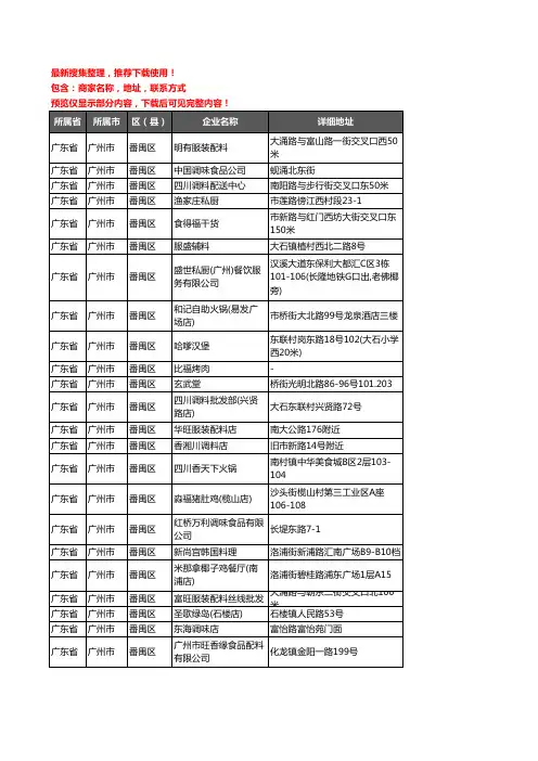 新版广东省广州市番禺区调料企业公司商家户名录单联系方式地址大全121家