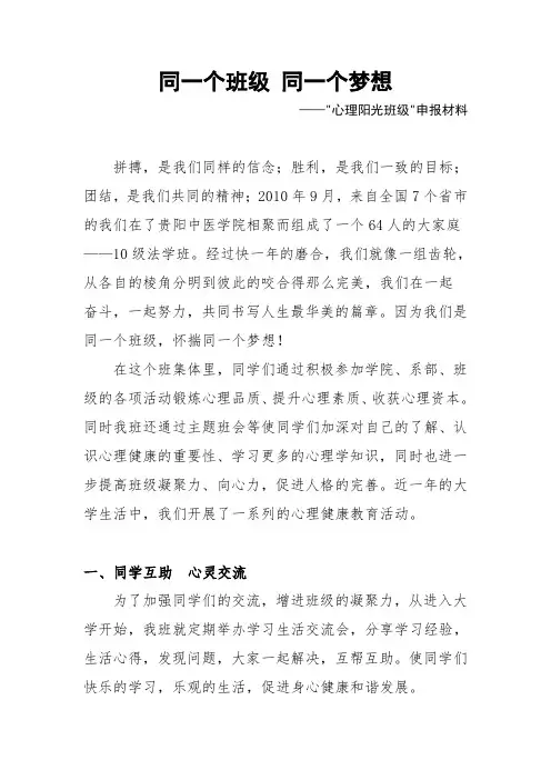10法学心理阳光班级申报材料