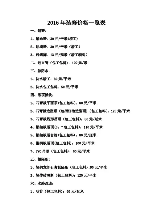 2016年装修价格一览表