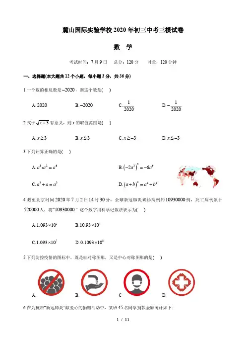 湖南省长沙市麓山国际实验学校2020年初三中考第三次全真模拟考试数学试卷(word版,无答案)