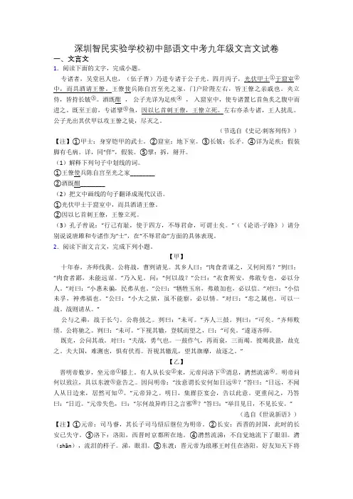 深圳智民实验学校初中部语文中考九年级文言文试卷
