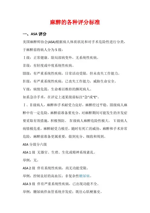 最新麻醉的各种评分标准