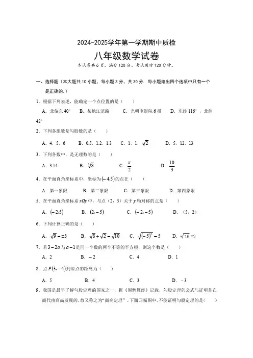 广东省清远市阳山县2024-2025学年上学期期中质检八年级数学试卷(含答案)