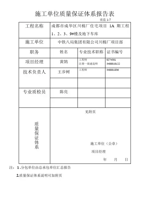 施工单位质量保证体系报告表