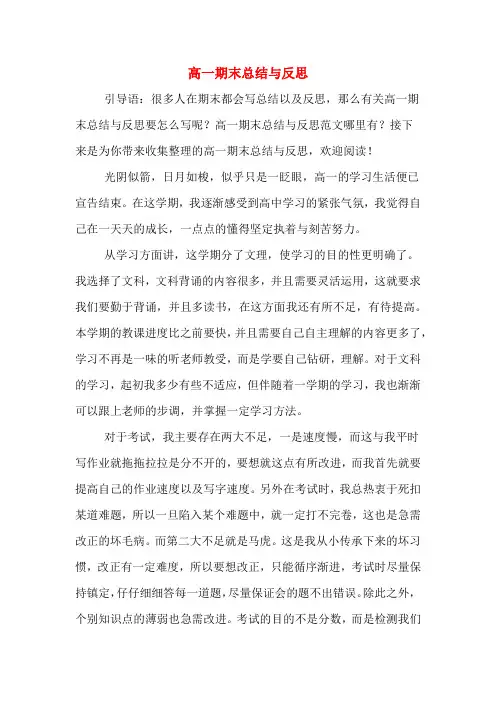 2019年高一期末总结与反思