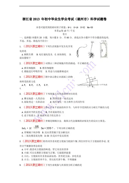 2013年浙江省湖州市中考科学卷和答案