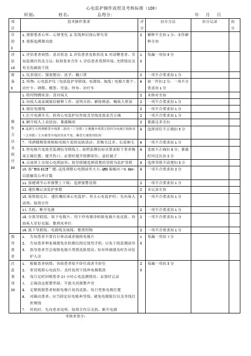 心电监护操作流程及考核标准(100分)