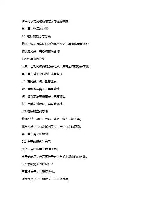初中化学常见物质和离子的检验教案