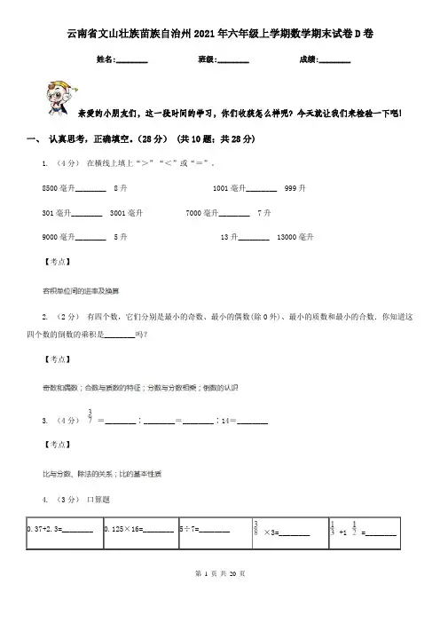 云南省文山壮族苗族自治州2021年六年级上学期数学期末试卷D卷