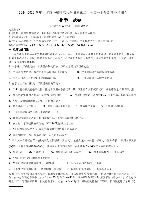 上海市华东师范大学第二附属中学2024-2025学年高一上学期11月期中考试 化学试题(含答案)