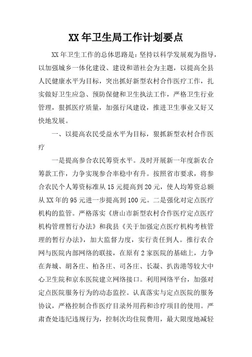 XX年卫生局工作计划要点
