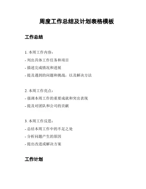 周度工作总结及计划表格模板