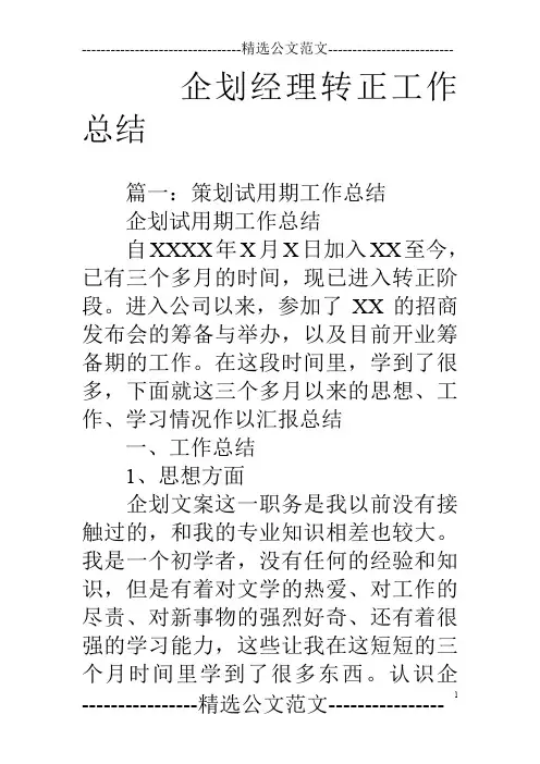 企划经理转正工作总结