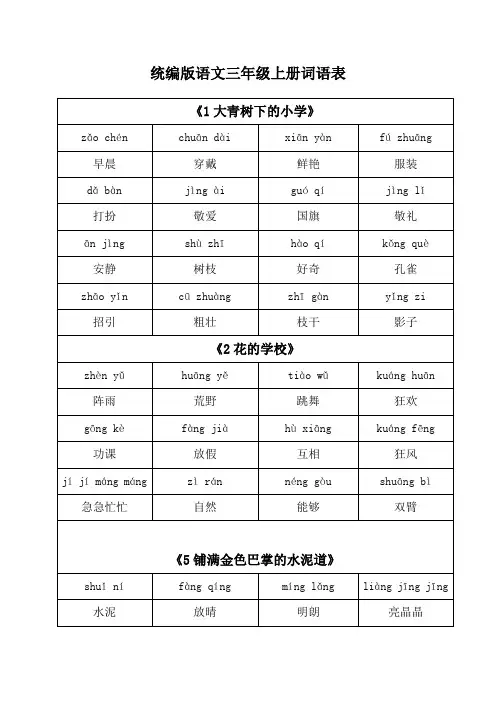 统编版语文三年级上册词语表(带拼音)
