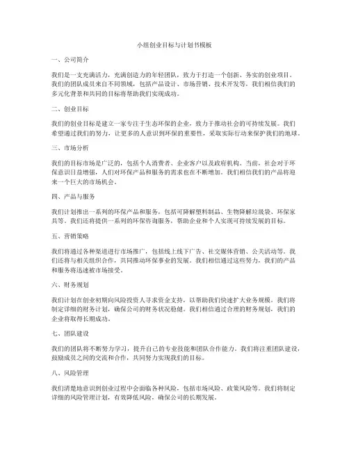 小组创业目标与计划书模板