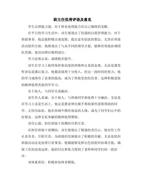 班主任优秀评语及意见