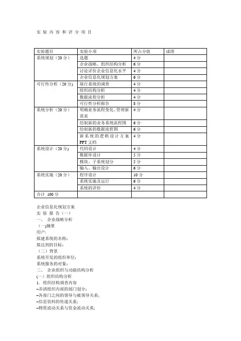 管理信息系统分析与设计实验报告格式(拟)