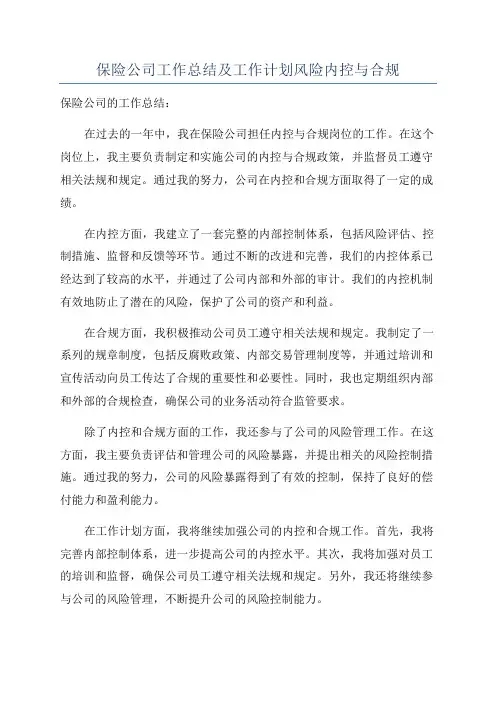 保险公司工作总结及工作计划风险内控与合规