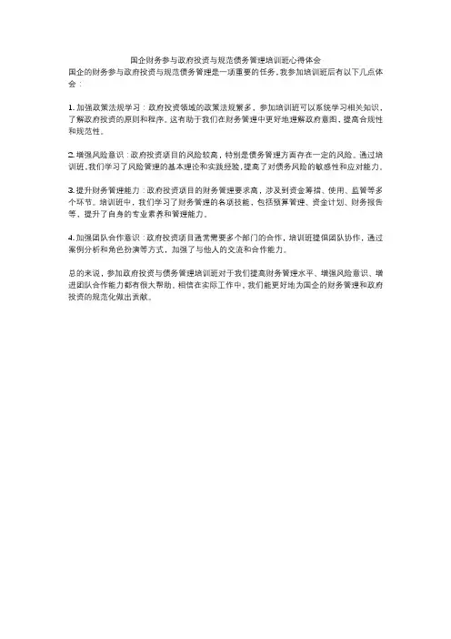 国企财务参与政府投资与规范债务管理培训班心得体会