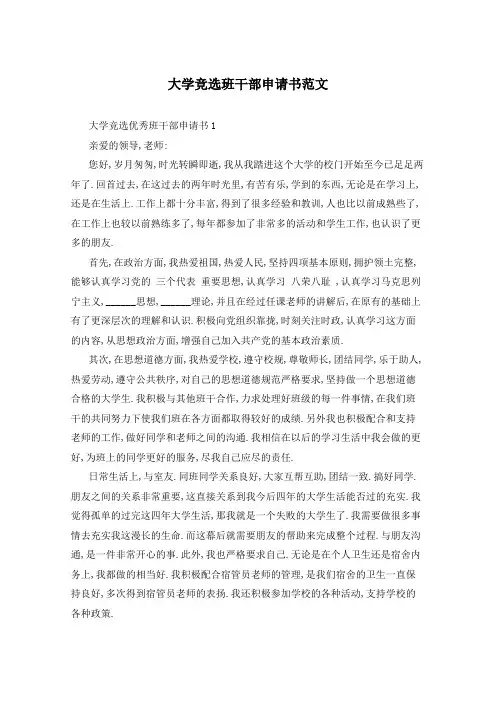 大学竞选班干部申请书范文