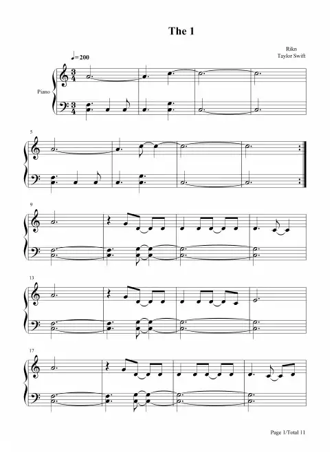 钢琴谱 The 1-Taylor Swift 五线谱_共11张(全)