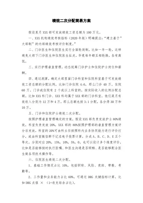 医院科室绩效二次分配简易方案