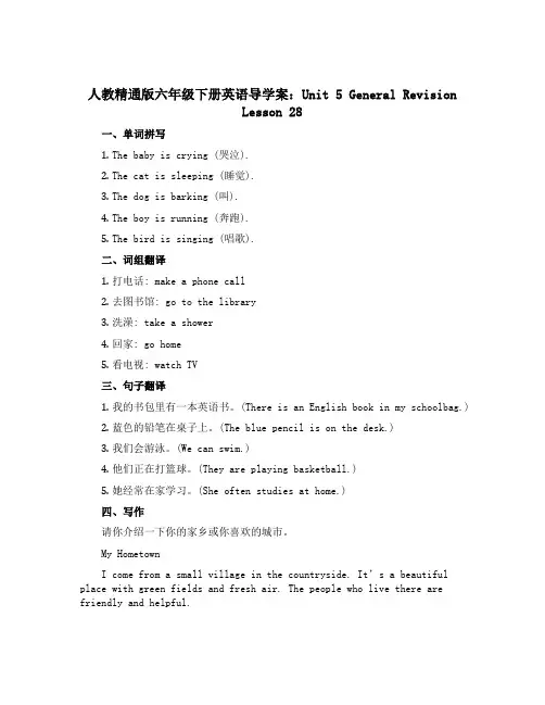 人教精通版六年级下册英语导学案：Unit 5 General RevisionLesson 28