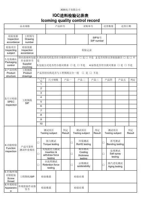 IQC进料检验记录表