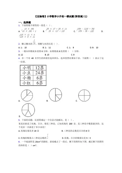 【压轴卷】小学数学小升初一模试题(附答案)(1)